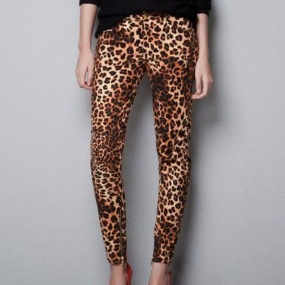 Zara Leopard Animal Print Stretch Ankle Skinny Jean Trousers sz 2‎